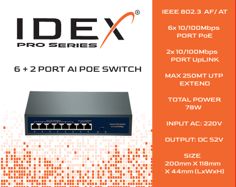 IDEX Pro ID-0620FBL-A 6+2 Megabit Poe Switch